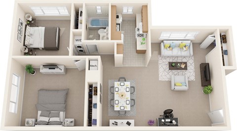 Non Renovated 2 Bed 1 Bath 980sf 3D Floor Plan at Stevenson Lane Apartments, Maryland